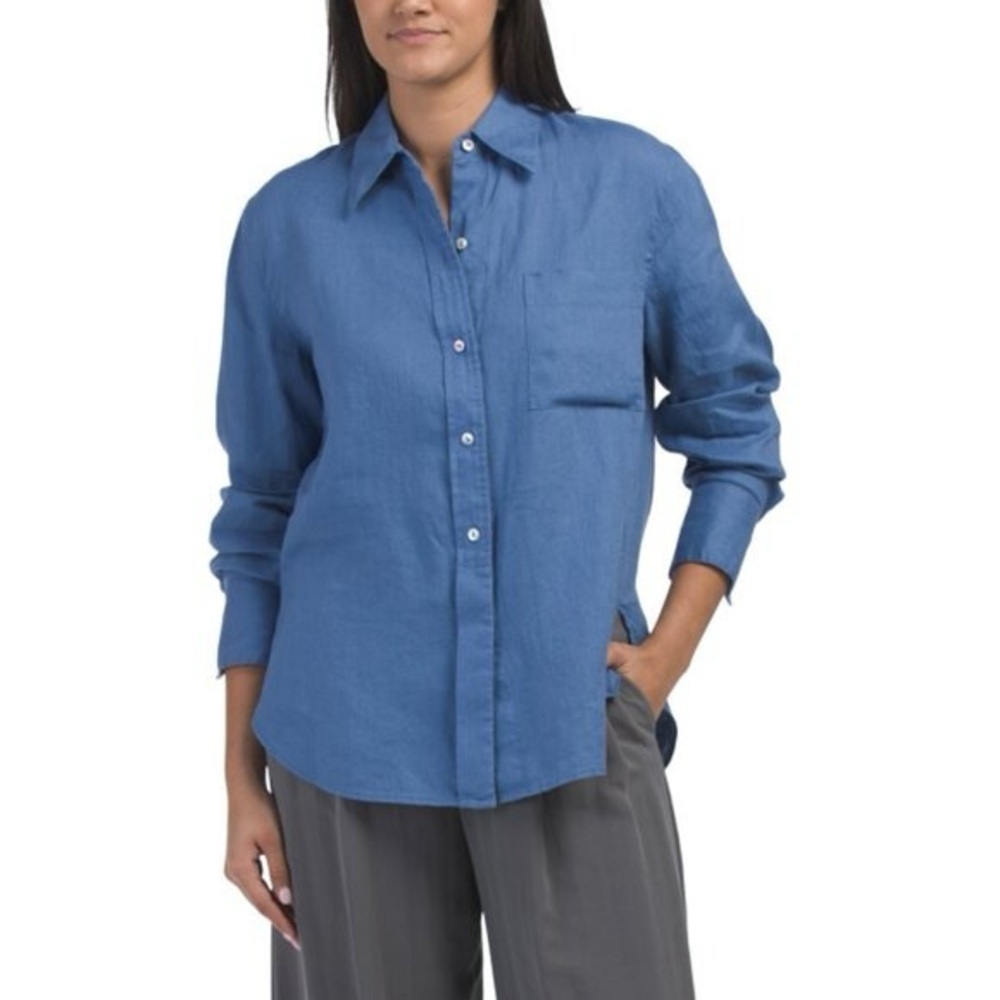 Vince Linen Easy Button-Front Shirt in cadet blue size XS